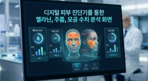디지털 피부 진단기를 통한 멜라닌, 주름, 모공 수치 분석 화면