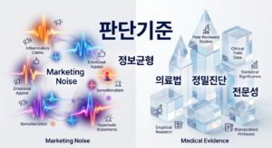 올바른 진단 기준과 마케팅의 차이를 시각화한 미학적 도식