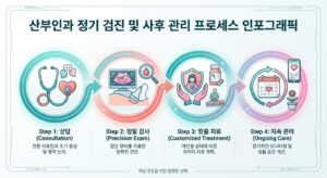 산부인과 정기 검진 및 사후 관리 프로세스 인포그래픽