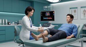의사가 도플러 초음파 장비로 환자의 혈관 상태를 정밀 진단하는 장면