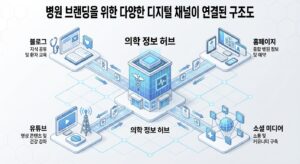 병원 브랜딩을 위한 다양한 디지털 채널이 연결된 구조도