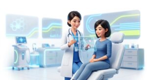 의사와 환자 간의 상담 과정을 시각화한 모던 3D 일러스트