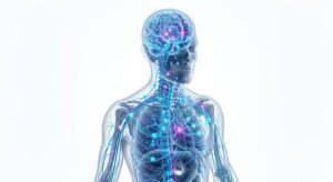 신경망과 인체 해부학 구조가 결합된 미래 지향적 AI 의료 시각화 이미지